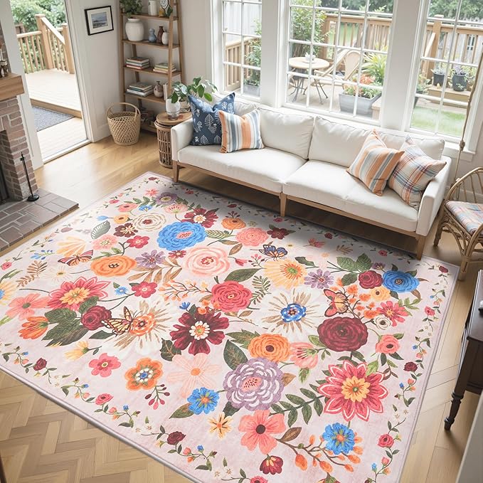 Light Pink Area Rugs 10x14 Living Room, Non Slip Machine Washable Floral Rugs, Low Pile Lightweight Large Rug for Bedroom, Dining Room, Home Office(Light Pink, 10 x 14)
