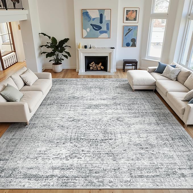 12x15 Washable Area Rug Gray Neutral Abstract Living Room Large Carpet Non Slip Bedroom Indoor Office Dining Room Low Pile Thin Grey Rug