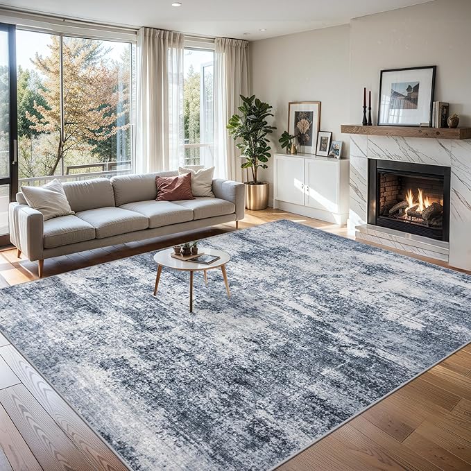 Area Rugs Living Room Rug - 4x6 Washable Modern Abstract Soft Neutral Non-Slip Carpet Large Indoor Floor Thin Carpets for Bedroom Dining Room Farmhouse Nursery Home Office Grey Blue