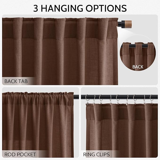 Mocha Brown Linen Curtains Semi Sheer96 Inches 2 Panels for Living Room Back Tab Rod Pocket Light Filtering for Bedroom Dinning Room Vintage Rustic Farmhouse Coastal Decor Protect Privacy 52x96