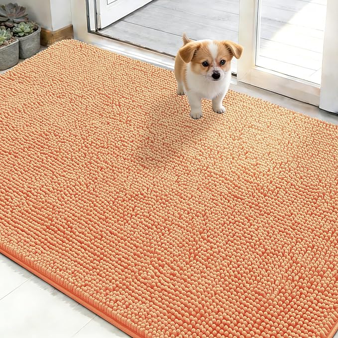 OLANLY Dog Door Mat for Muddy Paws 48x30, Absorbs Moisture and Dirt, Absorbent Non-Slip Washable Doormat, Quick Dry Chenille Mud Mat for Dogs, Entry Indoor Entryway Carpet for Inside Floor, Orange