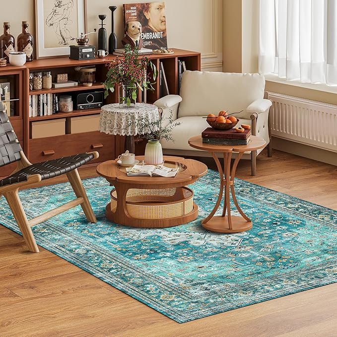 Washable Area Rug 6' x 9' Vintage Traditional Persian Mat - Foldable Distressed Non-Slip Machine Washable Carpet for Living Room Bedroom Kitchen Home Decor - Teal and Gold