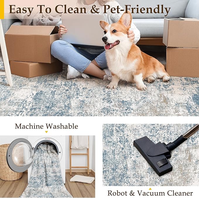 Blue 2x3 Area Rug Washable Abstract Entryway Carpet Modern Neutral Non Slip Door Mat Soft Low Pile Contemporary Aesthetic Small Bedroom Throw Rug for Kitchen Laundry Dining Room