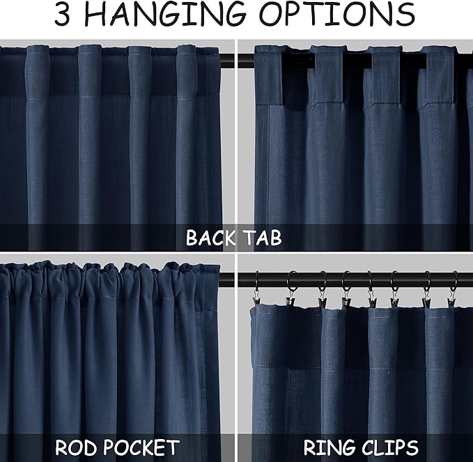 Denim Blue Linen Curtains 108 Inches Long for Living Room 2 Panels Set Extra Long Back Tab Curtain Semi Sheer Light Filtering Denim Blue Drapes Floor to Ceiling Curtains for Large Windows 52x108