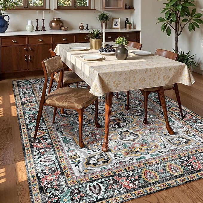 Washable Area Rug 5' x 7' Vintage Traditional Persian Mat - Foldable Distressed Non-Slip Machine Washable Carpet for Living Room Bedroom Kitchen Home Decor - Slate and Multicolor