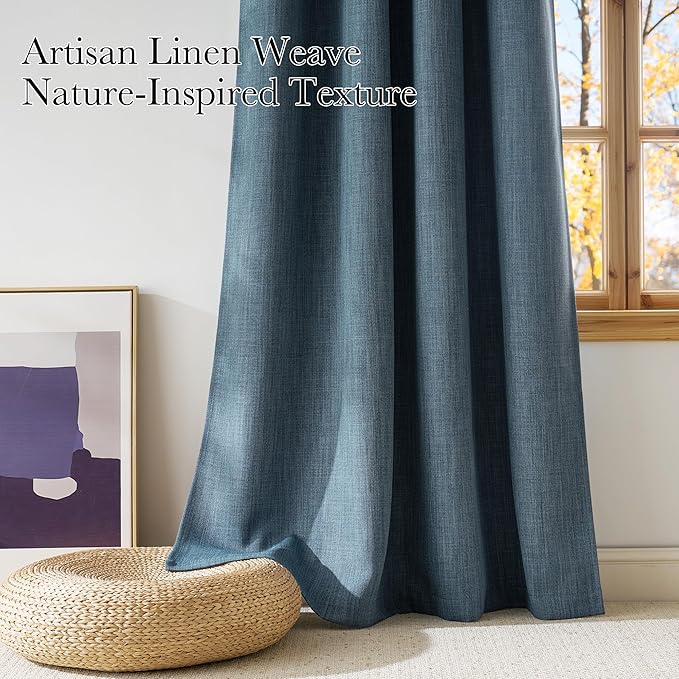 NICETOWN Mist Blue Faux Linen Room Darkening Rod Pocket Curtains 63 inch Length, W42 x L63, Light Blocking Thermal Insulated Noise Reducing Drapes for Bedroom Living Room Farmhouse Decor, 2 Panels