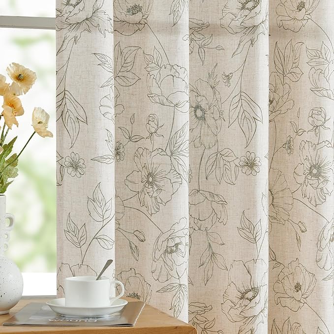 jinchan Floral Linen Curtains for Living Room 63 Inch Length Green Flower Curtain Rod Pocket Back Tab Farmhouse Curtains with Printed Floral Bedroom Window Curtain Set, 2 Panels Green