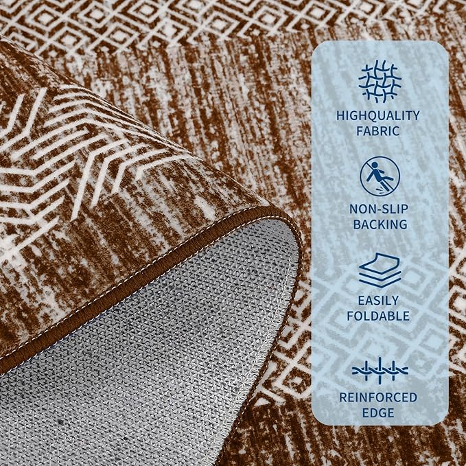 GarveeHome Washable Rug 5x7 Modern Bordered Rug with Non Slip Rubber Backing, Low Pile Thin Carpet, Soft Non Shedding Floor Covering, Foldable Printed Carpet for Living Room Bedroom, Brown
