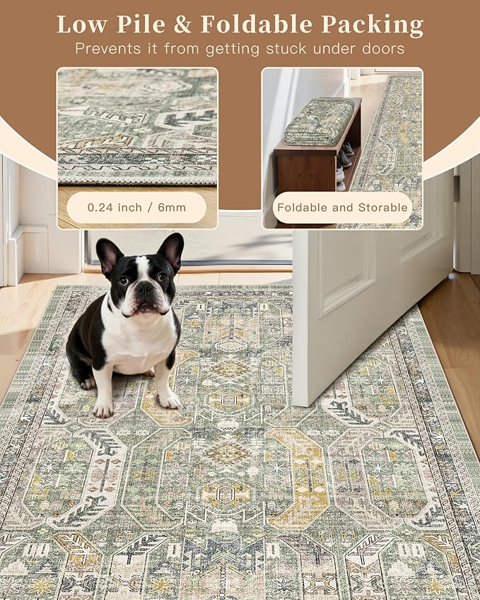 Madane Hallway Runner Rug 2x12, Extra Long Washable Runner Rugs with Rubber Backing, Non Slip Carpet Runner, Vintage Rug Runners for Kitchen Laundry Room Entryway (Green/Gold, 2'x12')