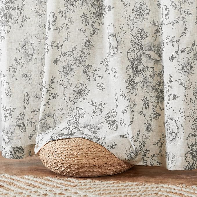 jinchan Linen Blend Curtain Floral Curtains for Living Room 45 Inch Length Grey Printed Curtain Rod Pocket Back Tab Farmhouse Peony Flower Patterned Drapes Bedroom Window Curtains Set 2 Panels