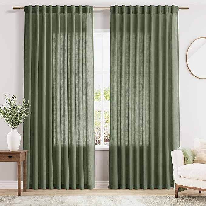 Nanspring 70 Inches Wide Olive Green Linen Curtains for Living Room 2 Panels Set 84 Inch Length Back Tab Light Filtering and Breathability Semi Sheer Curtain for Bedroom 70x84