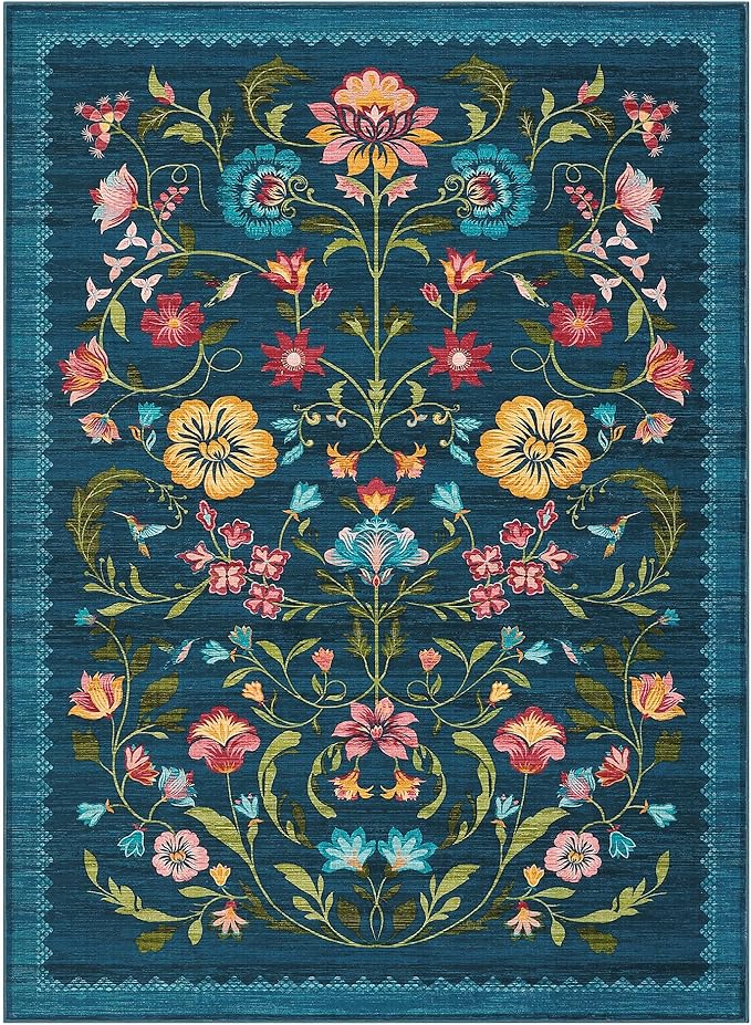 GarveeHome Washable Rug 4x6 Area Rugs for Living Room, Floral Rug for Bedroom, Soft Boho Non Slip Throw Rugs with Rubber Back, Low Pile Stain Resistant Vintage Floral Carpet for Dining Room, Blue