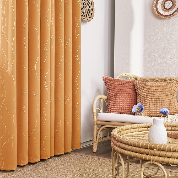 Deconovo Blackout Small Curtains for Living Room, 45 Inch Length, Pack of 2 - Thermal Insulated Curtains, Wave Line with Dots Pattern (W52 X L45 Inch, Orange Flame, Set of 2)