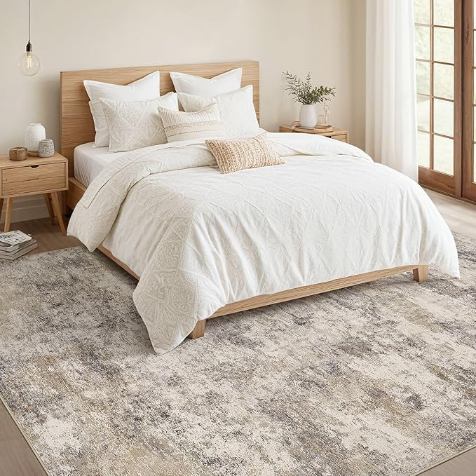 Nakagishi 8x10 Area Rugs Living Room: Washable Abstract Large Neutral Soft Rug Stain Resistant Modern Indoor Floor Non-Slip Carpet for Bedroom Nursery Kids Playroom Office Dining Room Dorm- Brown Grey