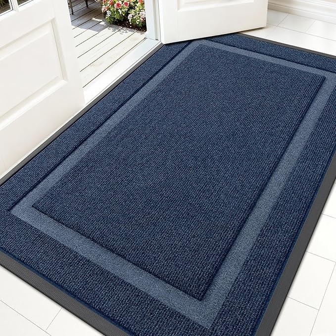 OLANLY Front Door Mat Indoor Outdoor Entrance, Waterproof All-Season, All-Weather Doormat, Sturdy Natural Rubber, Fade Resistant, Low Profile, Easy Clean Patio Porch Entryway Mat, 59x30, Blue