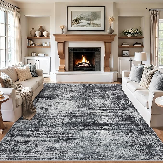 Area Rugs Living Room Rug - 5x7 Washable Modern Abstract Soft Neutral Non-Slip Carpet Large Indoor Floor Thin Carpets for Bedroom Dining Room Farmhouse Nursery Home Office Dark Black