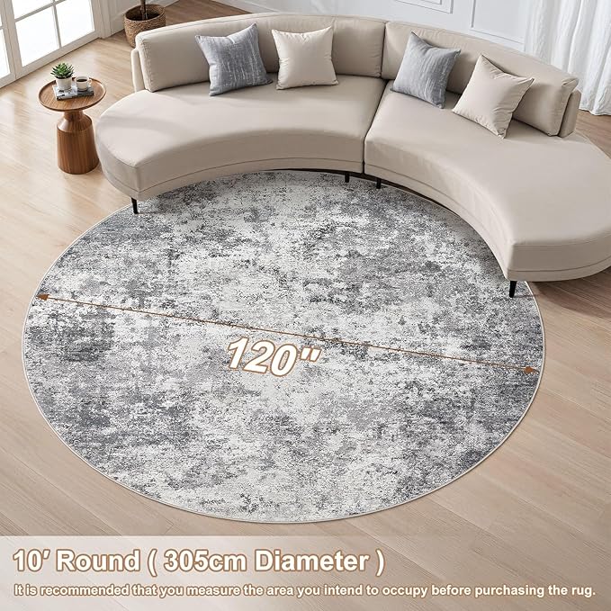 UERMEI 10ft Round Area Rug Living Room Rugs - 10x10 Washable Large Neutral Modern Abstract Soft Thin Rug Indoor Floor No Slip Rug Carpet for Bedroom Under Dining Table Home Office Decor - Grey
