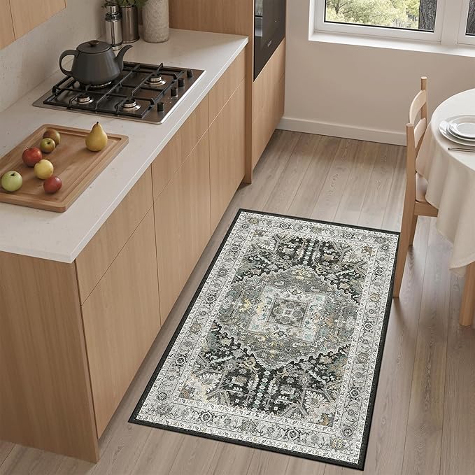 Madane Washable Area Rug 2x3, Small Entryway Rug Non-Slip Vintage Door Mat Indoor Entrance, Low Pile Floor Carpet for Inside Front Door Kitchen Entry (2'x3', Grey Green/Black Olive)