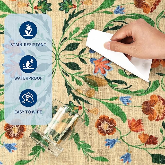 GarveeHome Washable Rug 9x12 Area Rugs for Living Room, Floral Rug for Bedroom, Soft Vintage Non Slip Throw Rugs with Rubber Back, Low Pile Stain Resistant Boho Floral Carpet for Dining Room, Beige