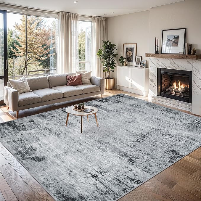Area Rugs 10x12 Living Room - Washable Rug Modern Abstract Soft Large Neutral Non-Slip Carpet Indoor Floor Thin Carpets for Bedroom Dining Room Farmhouse Nursery Home Office Black