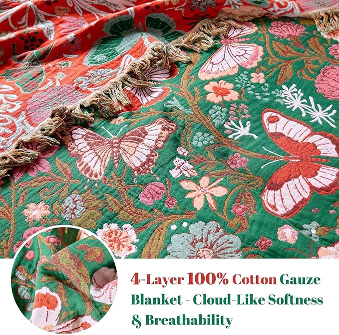 MSGKV Boho Throw Blanket for Couch 50"x60" Butterfly Floral 100% Cotton Blanket Spring Breathable Lightweight Farmhouse Blankets for Sofa Home Decor Muslin All Seasons
