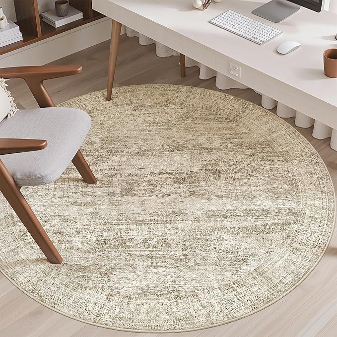 Soalmost 5x5 Brown Round Rug 5ft Living Room Circle Rug Vintage Round Area Rug Non Slip Indoor Carpet for Entryway Dining Room Bedroom