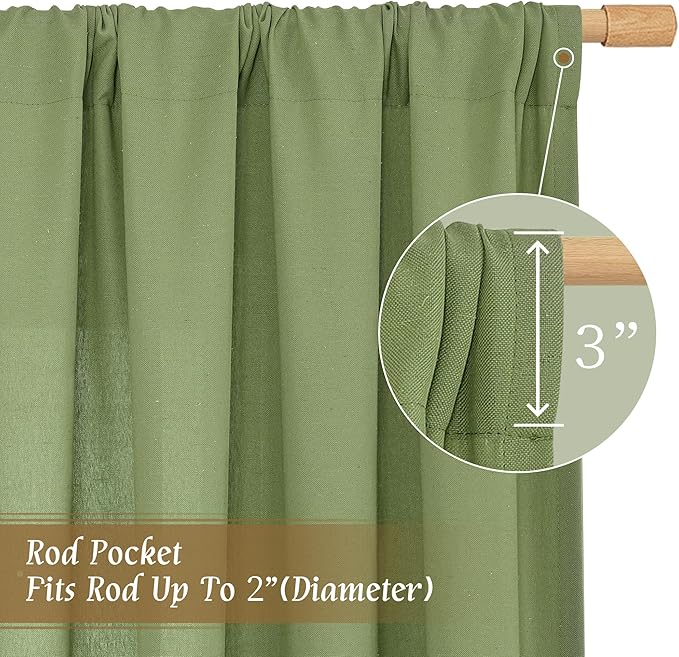 LAMIT Green Linen Curtains for Small Windows, 45 Inches Long Light Filtering Panels Rod Pocket Neutral Privacy Drapes for Window/Bedroom, 2 Panels, 42 x 45 Inch