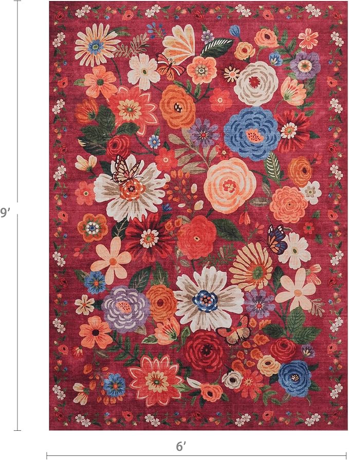 Floral Washable 6x9 Area Rugs, Soft Bedroom Rug for Living Room Ultra-Thin Non Slip Dining Room Rug, Stain Resistant Rugs Easy Clean Throw Carpet for Office(6 x 9, Red Garden)