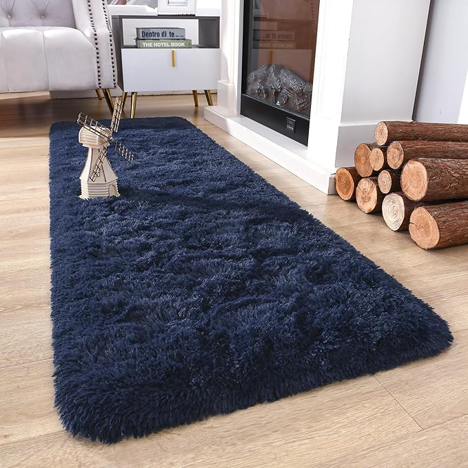 Chicrug Soft Runner Rugs for Bedroom Living Room Plush Fluffy Rug 2x5 Feet, Shag Furry Area Rug Carpet Non Shedding for Nursery Children Kids Girls Room Home Decorative, Navy Blue