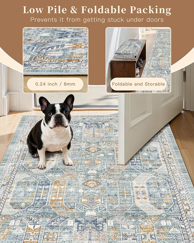 Madane Runner Rugs for Hallway 2x10 Long Washable Non-Slip Hallway Runner Rug Low-Pile Stair Kitchen Runner Soft Throw Carpet for Entrance Living Dining Laundry Room (Blue/Gold, 2 x 10)