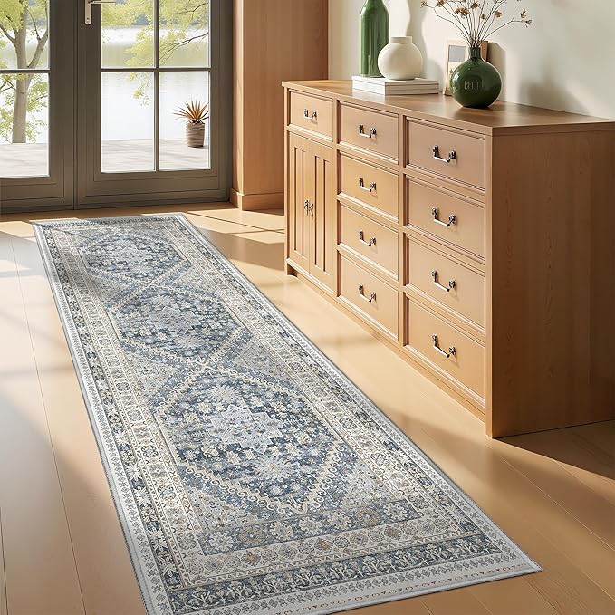 Kitchen Runner Rug Non Slip Washable 2.5x8, Soft Low Pile Entryway Rug Runners for Hallways,Carpet Runner for Living Room,Kitchen, Laundry, Bathroom(Blue/Beige,2.5'x8')