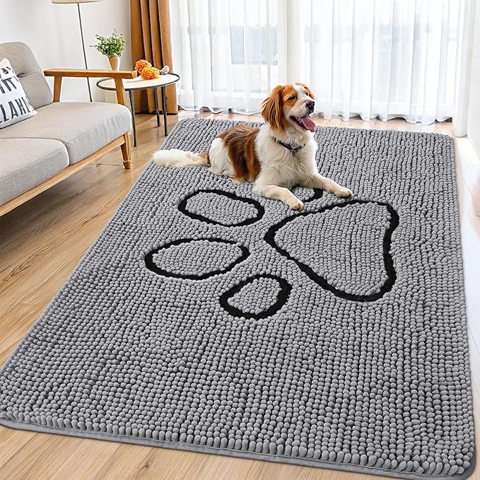 Smiry Dog Door Mat for Muddy Paws, Absorbent Dirt Trapper Non Slip Quick Dry Washable Chenille Mat for Mud Dogs, Entry Rug for Indoor and Outdoor (70x32 Inches, Grey and Black)