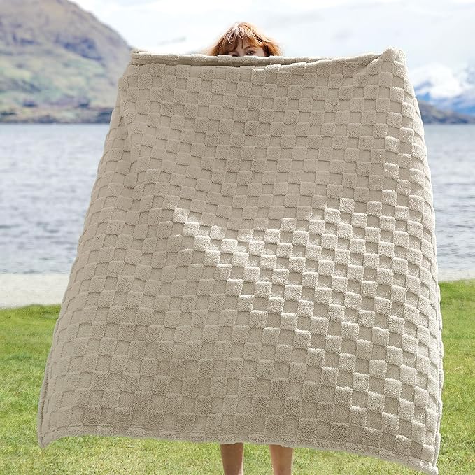 Bedsure GentleSoft Beige Throw Blanket for Couch - Checkered Fleece Blankets Gifts for Kids Girls, Cute Soft Cozy Throw for Bedroom Home Decor Gifts, Neutral, 50x60 Inches