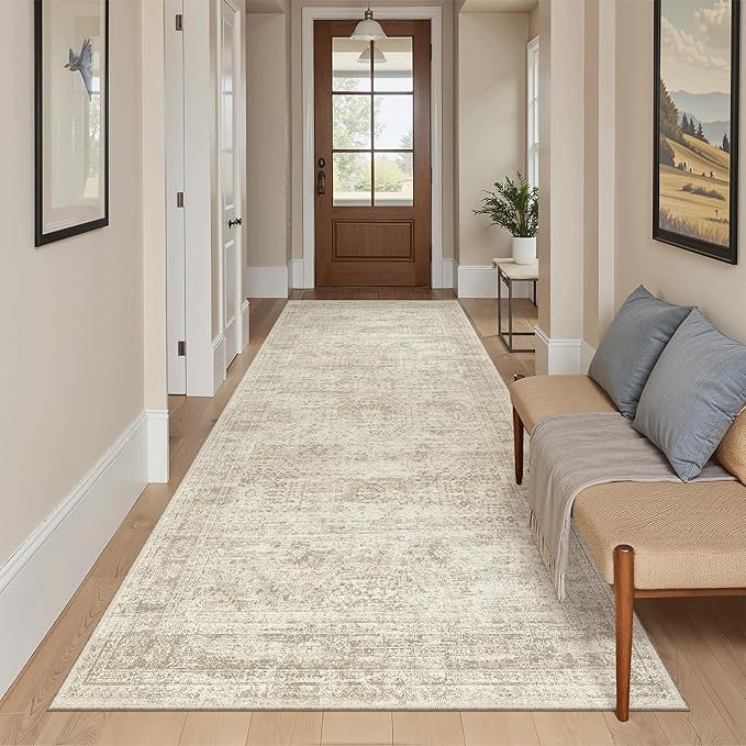 Soalmost Hallway Runner Rug 4x8 Wide: Washable Thin Runners for Hallways Entry, Non Slip Soft Vintage Kitchen Area Rugs for Living Room Bedroom Dining Room Foyer (Beige, 4x8)