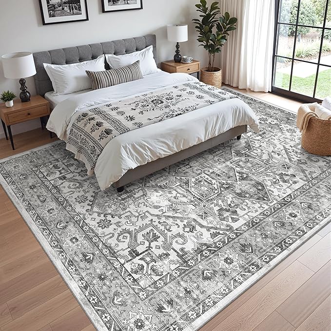 zesthome 8x10 Area Rugs for Living Room,Non-Slip Backing Washable Rugs,Vintage Large Area Rug，Stain Resistant Home Decor Rug (Grey/White,8'x10')