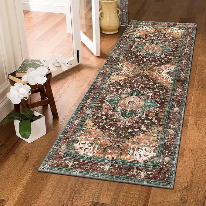 Yamaziot Washable Runner Rug, 2x5 Non-Slip Boho Vintage Hallway Rug Runner with Rubber Backing, Stain Resistant Distressed Carpet Runner for Bedroom, Kitchen, Laundry, Entrance