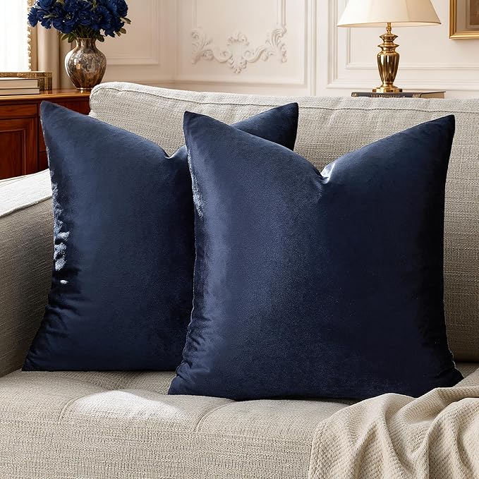GIGIZAZA Navy Blue Velvet Pillow Covers 22x22,Square Solid Throw Pillow Covers Decorative Modern Pillows Big Vintage Cases for Couch Pack of 2