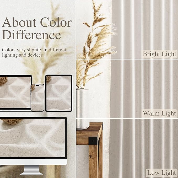 Nanspring Pearl White Linen Curtains for Living Room 72 Inches Long Luxury Light Filtering Semi Sheer Curtain Back Tab Coastal Decor Neutral Elegant Gray Drapes for Bedroom Office 52x72, 2 Panels
