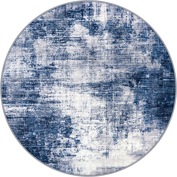 IOHOUZE Round Area Rug 3 Ft Circle Entryway Rugs Round Washable Door Mat Indoor Entrance, Non Slip Circle Front Door Rug, Printed Abstract Faux Wool Floor Carpet for Foyer Porch Sink, Navy/Grey