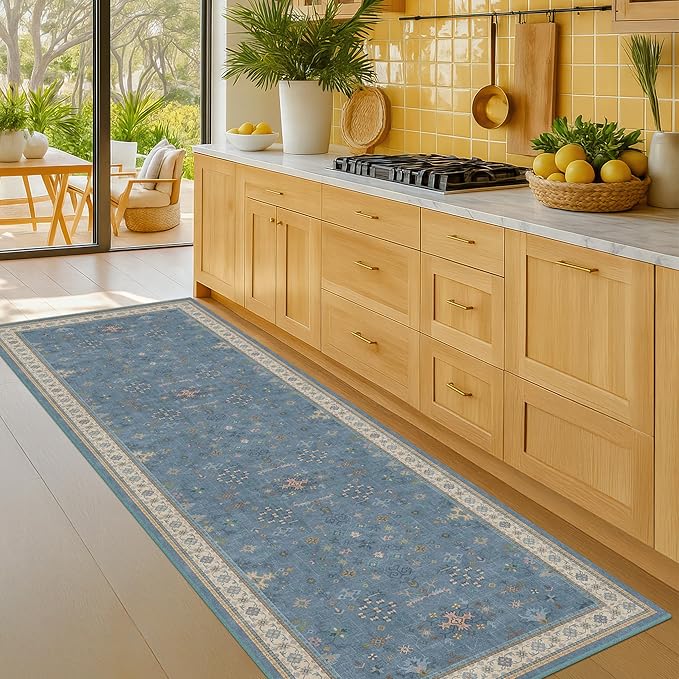 Hazo Haus Boho 2x6 Non Slip Kitchen Rug Runner - Light Blue Washable Rug for Bathroom, Laundry Room, Hallway, Non Slip with Rubber Backing, Floral Eclectic Unique Runner Décor