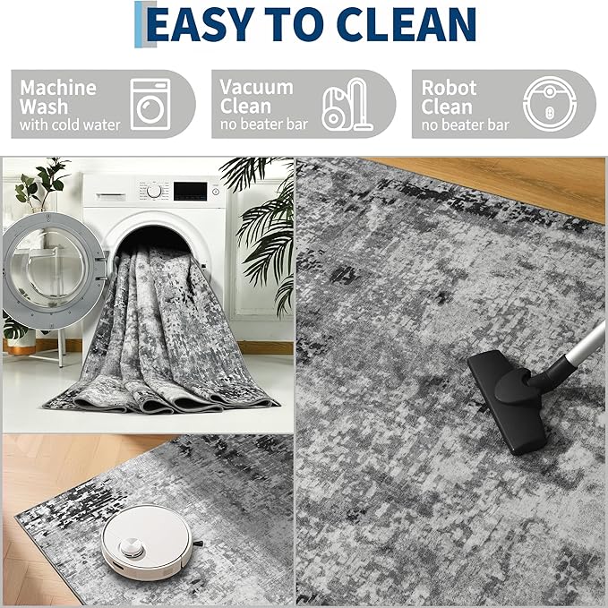 Ompaa Living Room Rug 5x8 Gray Area Rug Machine Washable Boho Rug Non Slip Abstract Vintage Indoor Large Rugs for Bedroom, Classroom, College Dorm, Farmhouse, Dining Room, Kids Playroom