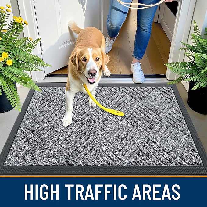 OLANLY Front Door Mat Outside Entrance 47x23, Absorbent, Heavy Duty Sturdy Natural Rubber Doormat Indoor Outdoor, Stain Fade Resistant, Non-Slip Low Profile Floor Mat Entryway, Charcoal Gray Diamond