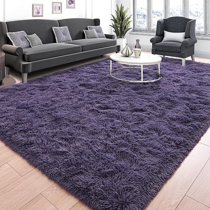 Tepook Fluffy Large Rugs for Living Room, Shag Area Rug 6x9 Soft Carpet for Bedroom, Modern Shaggy Rug for Kids Boys Girls, Plush Indoor Nursery Home Decor Rug with Non-Slip Bottom, Gray Purple