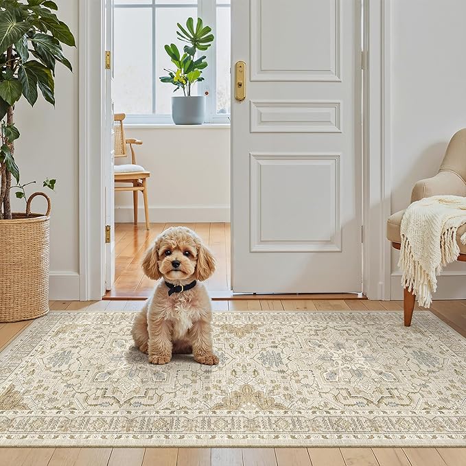 Madane Washable Area Rug 2x4, Small Entryway Rug Non-Slip Vintage Door Mat Indoor Entrance, Low Pile Floor Carpet Runner for Inside Front Door Kitchen Entry Laundry, Beige/Blue
