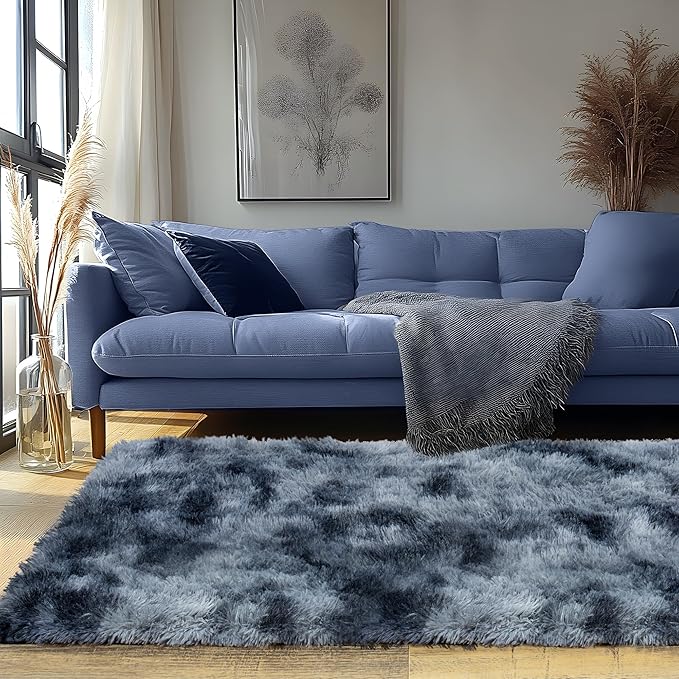 Runner Rugs for Bedroom, 2x6 Fluffy Throw Area Rug Non Slip for Bedside Dorm Hallways, Long Soft Shag Carpet for Nursery Living Room, Blue Grey