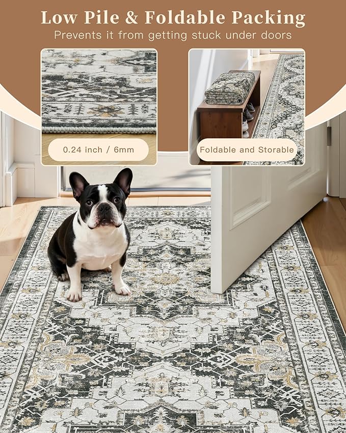 Madane Hallway Runner Rug 2x12, Extra Long Washable Runner Rugs with Rubber Backing, Non Slip Carpet Runner, Vintage Rug Runners for Kitchen Laundry Room Entryway (Black, 2'x12')