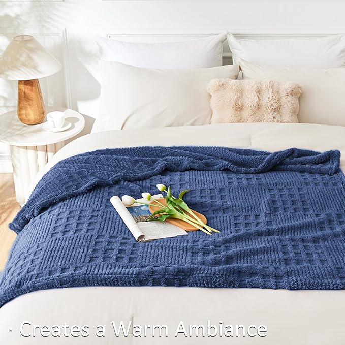 EXQ Home Fleece Throw Blanket for Couch or Bed - 3D Waffle Patchwork Pattern Jacquard Decorative Blankets - Cozy Soft Lightweight Fuzzy Flannel Blanket Suitable for All Seasons(50"×60",Dark Blue)