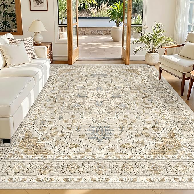 Madane 6x9 Area Rugs for Living Room, Stain Resistant Washable Rugs, Non-Slip Backing Area Rug, Vintage Home Decor Rug for Bedroom (Beige/Blue, 6'x9')