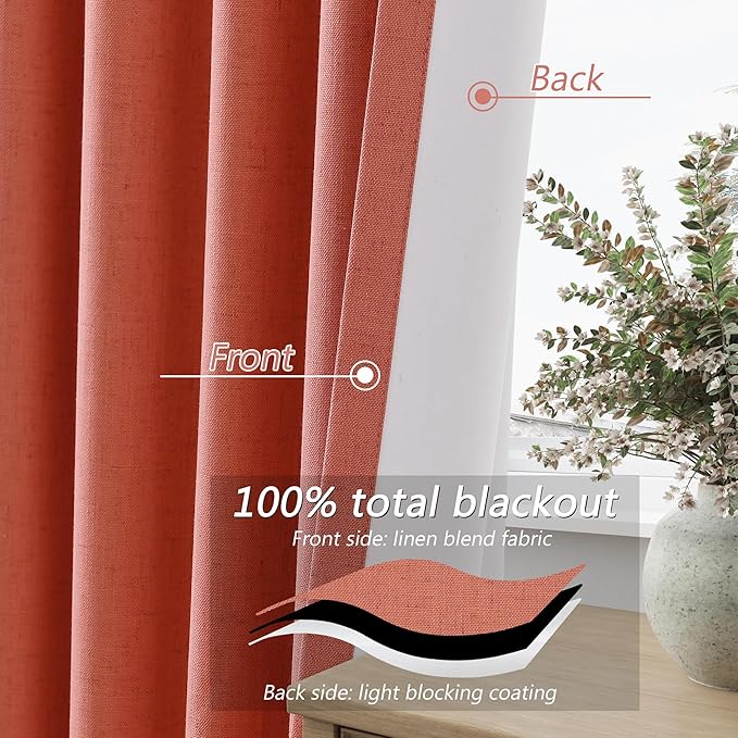 Guken 100% Blackout Curtains 90 Inch Length 2 Panels Set for Living Room Bedroom Back Tab Thermal Insulated Black Out Linen Drapes Room Darkening Coral,52x90