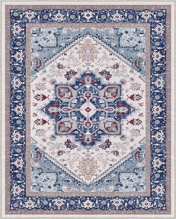 OPPODREAM Soft 8x10 Area Rugs, Washable Rugs 8x10 with Non Slip Backing, Faux Cashmere Low-Pile 8 x 10 Carpet, Navy Blue & Red & Cream